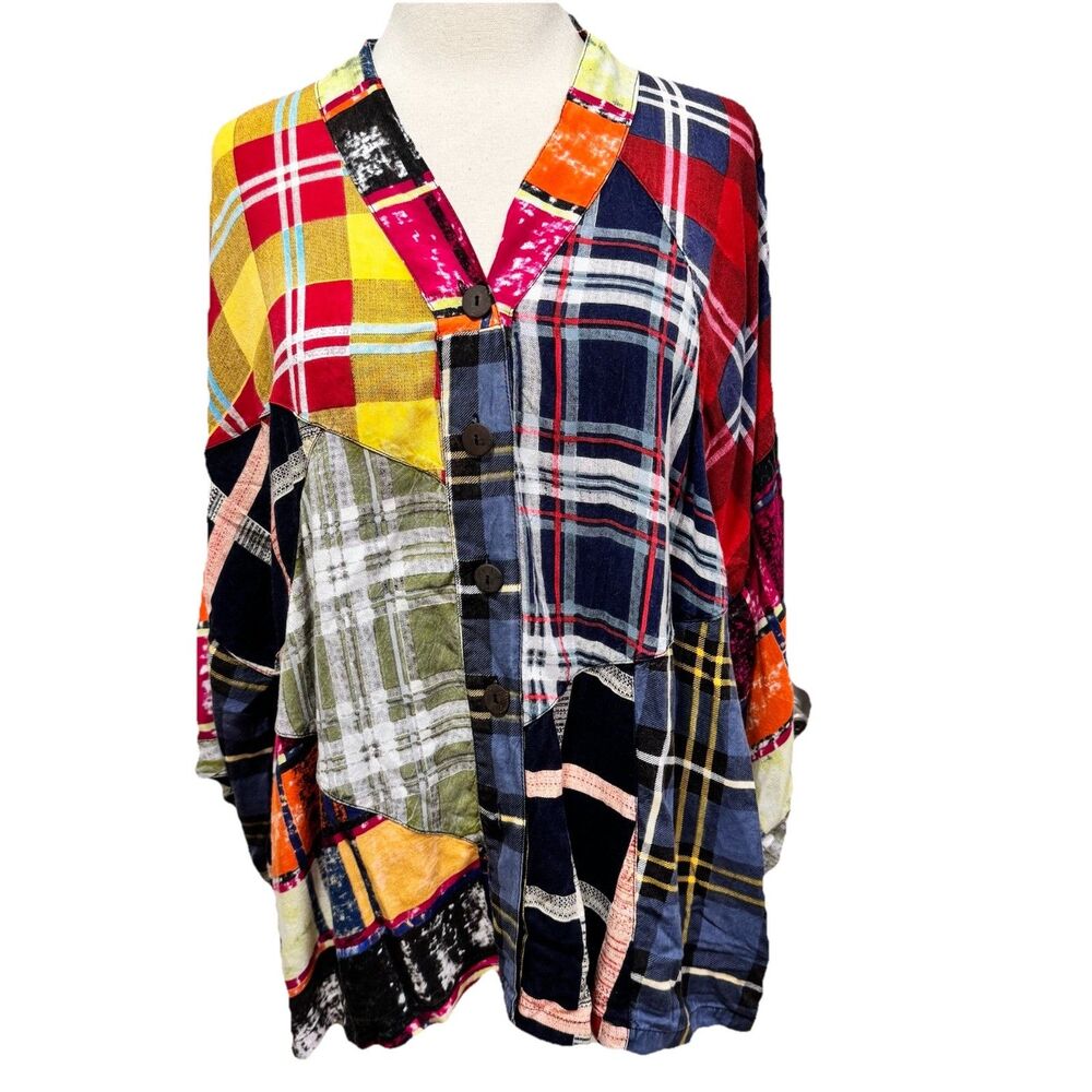 Sacred Threads Small Med Shirt Womens Patchwork Button Oversize Hippie Boho Boxy